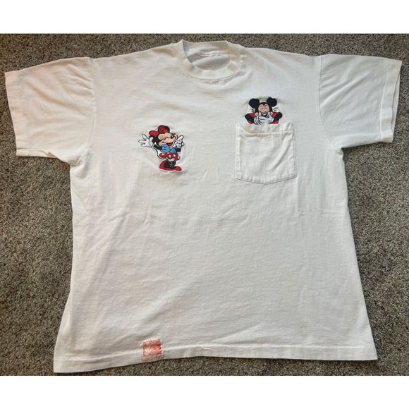 Vintage 1991 Large Disney Mickey Minnie Mouse Embroidered Single Stitch T-Shirt - Picture 1 of 10